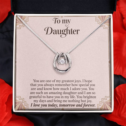 Lucky In Love teardrop necklace in white gold finish – Blush Art Deco message card close-up in Two Tone Box | Hensley London