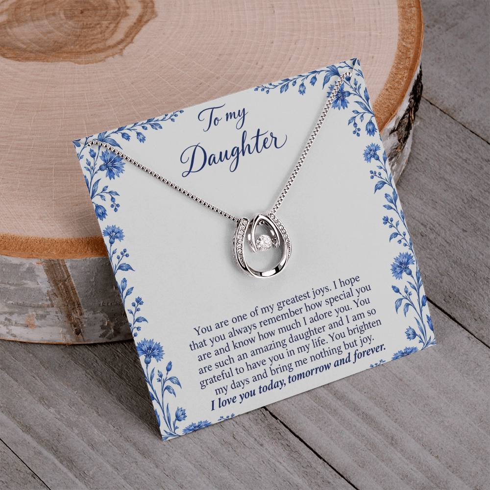 Lucky In Love teardrop necklace in white gold finish – Blue Porcelain necklace and message card on wood | Hensley London
