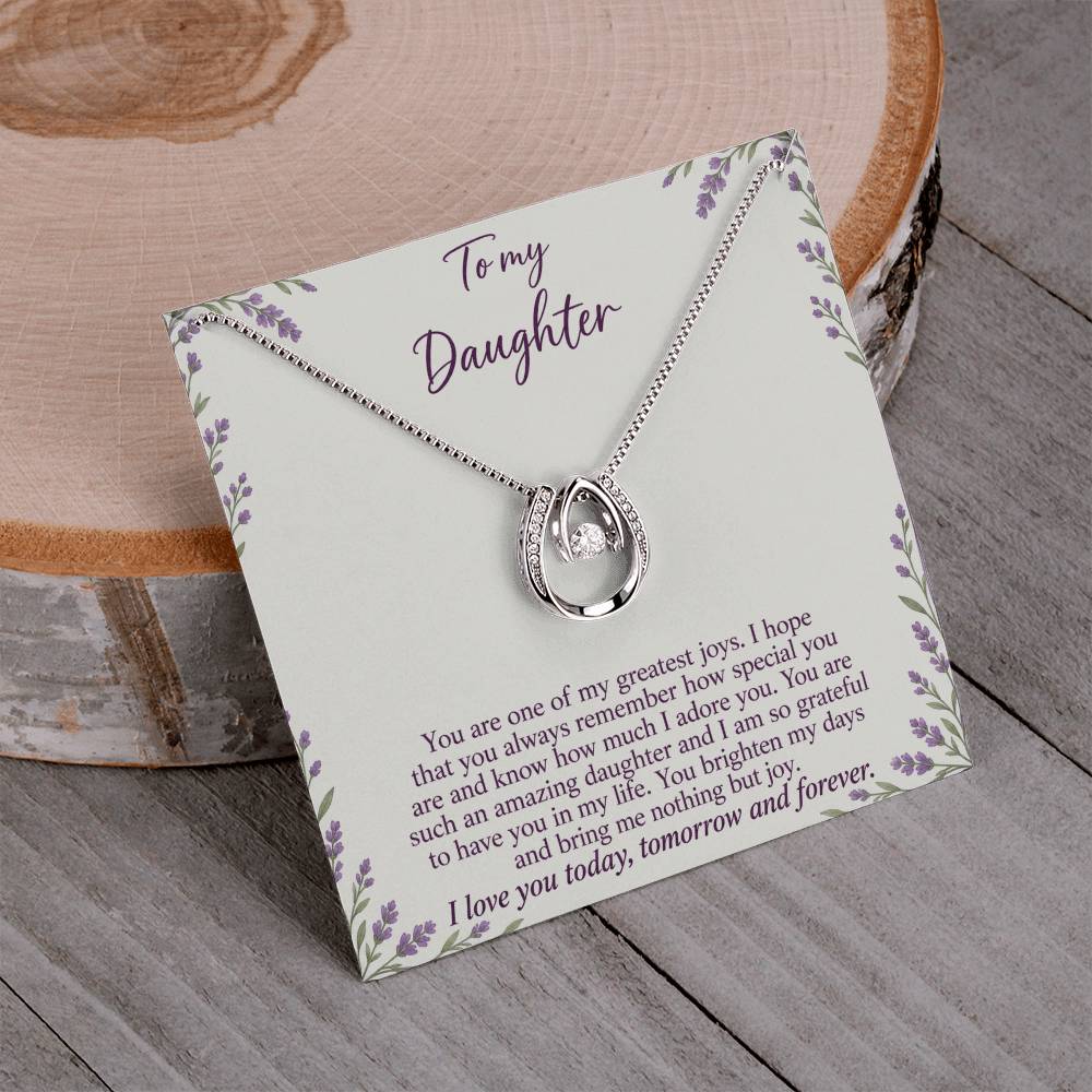 Lucky In Love teardrop necklace in white gold finish – Lavender Meadow necklace and message card on wood | Hensley London