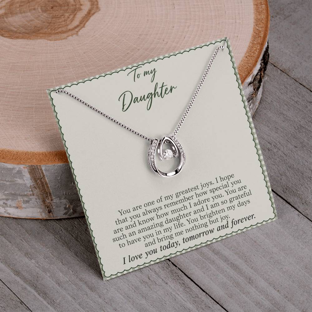 Lucky In Love teardrop necklace in white gold finish – Sage Gingham necklace and message card on wood | Hensley London