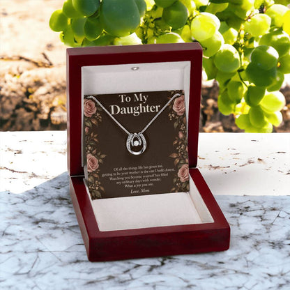 Lucky In Love necklace and Daughter message card in LED luxury box outdoors | Hensley London