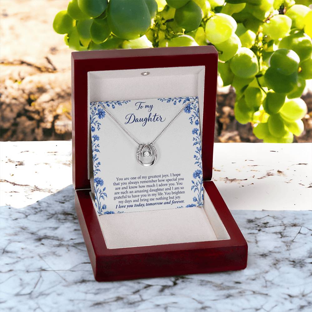 Lucky In Love teardrop necklace in white gold finish – Blue Porcelain open Luxury Box outdoors | Hensley London