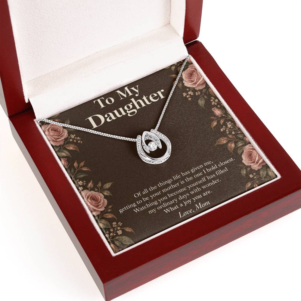 Lucky In Love necklace and Daughter message card in open luxury box, angled view | Hensley London