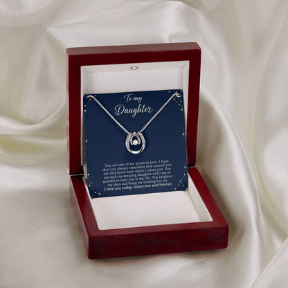 Lucky In Love teardrop necklace in white gold finish – Midnight Celestial open Luxury Box on fabric | Hensley London