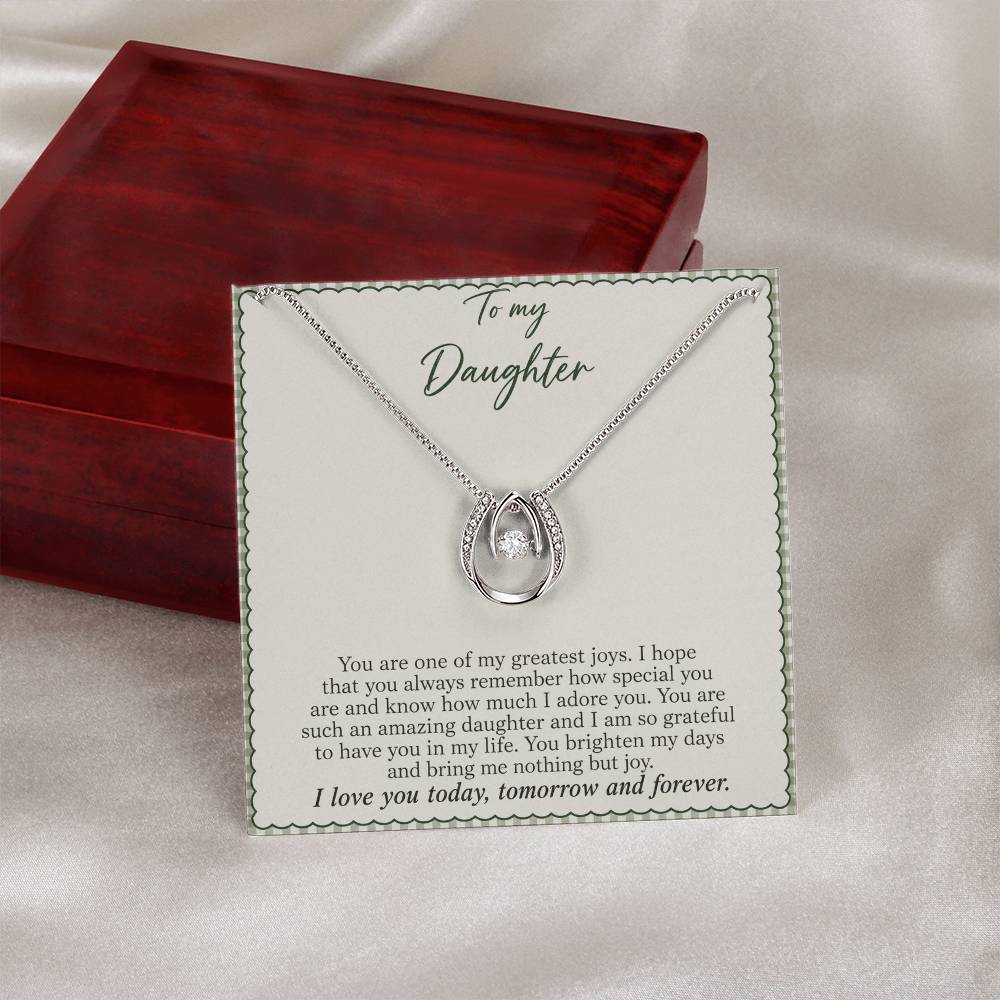 Lucky In Love teardrop necklace in white gold finish – Sage Gingham message card beside Luxury Box | Hensley London