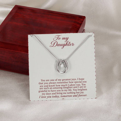 Lucky In Love teardrop necklace in white gold finish – Burgundy Letter message card beside Luxury Box | Hensley London