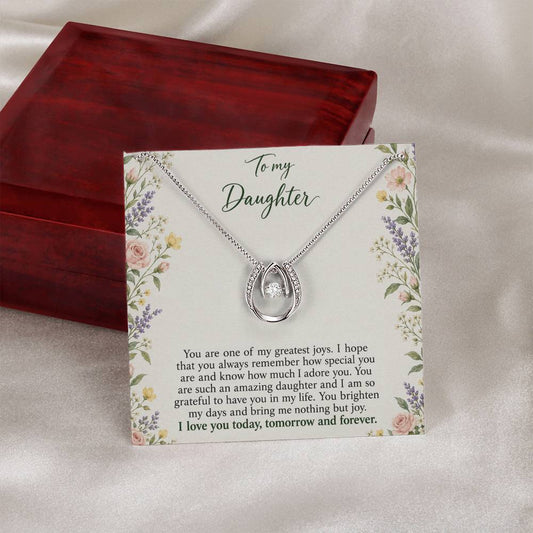 Lucky In Love teardrop necklace in white gold finish – Heirloom Garden message card beside Luxury Box | Hensley London