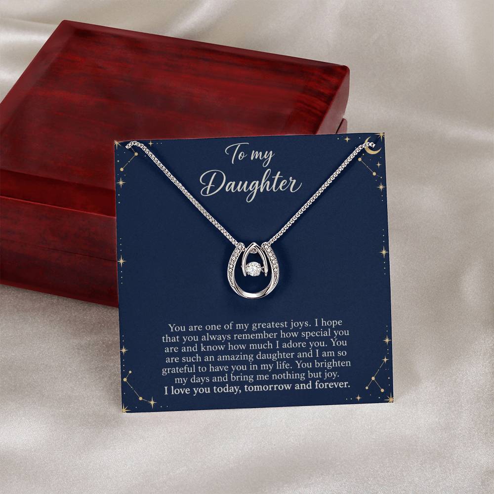 Lucky In Love teardrop necklace in white gold finish – Midnight Celestial message card beside Luxury Box | Hensley London