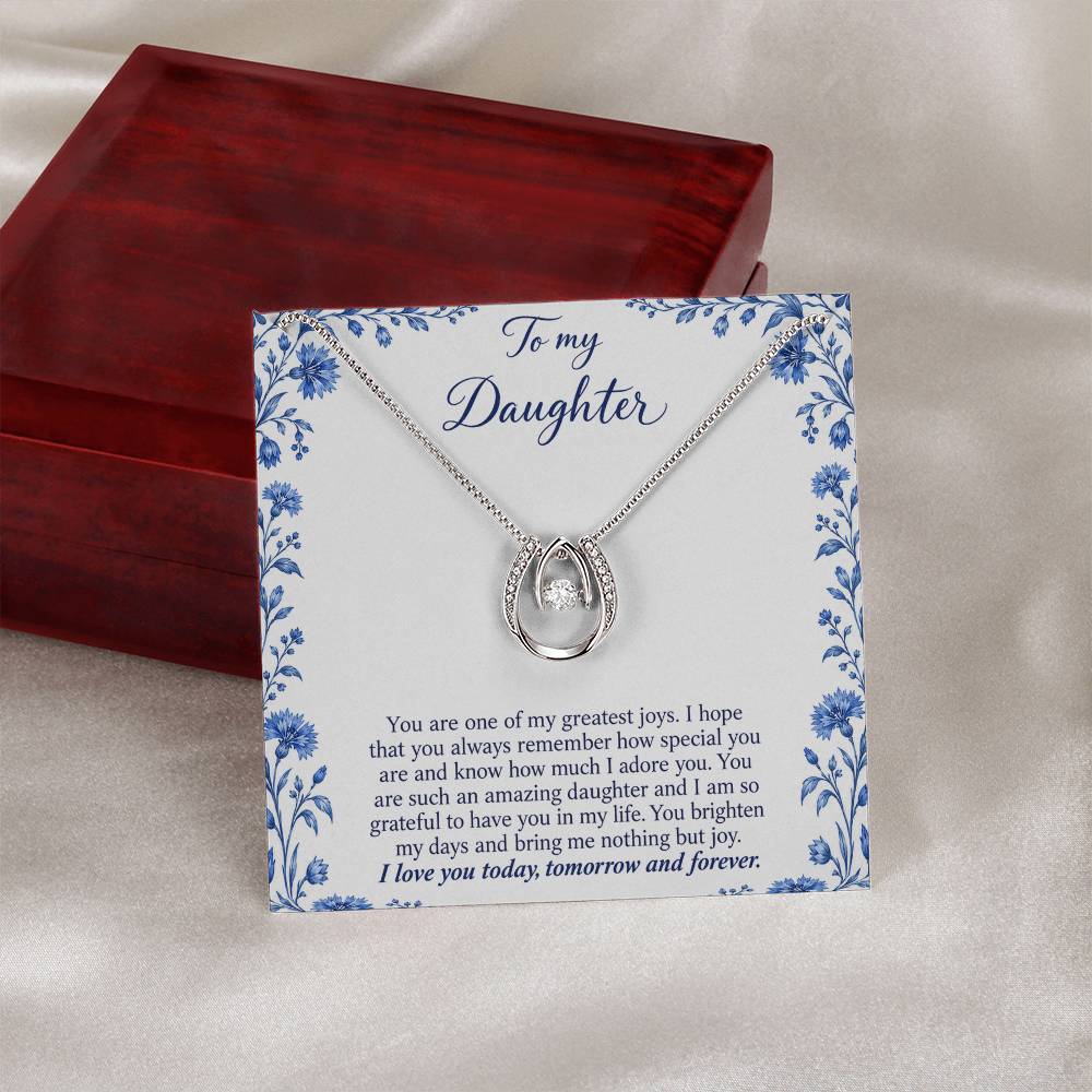 Lucky In Love teardrop necklace in white gold finish – Blue Porcelain message card beside Luxury Box | Hensley London