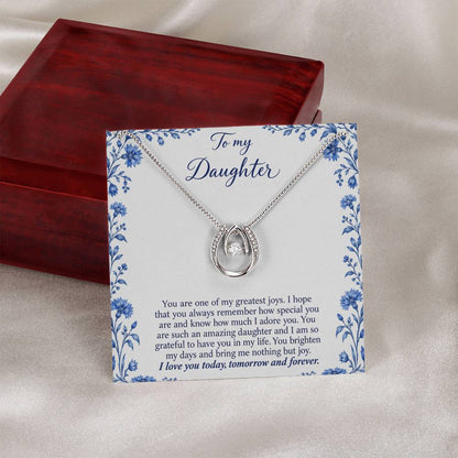 Lucky In Love teardrop necklace in white gold finish – Blue Porcelain message card beside Luxury Box | Hensley London