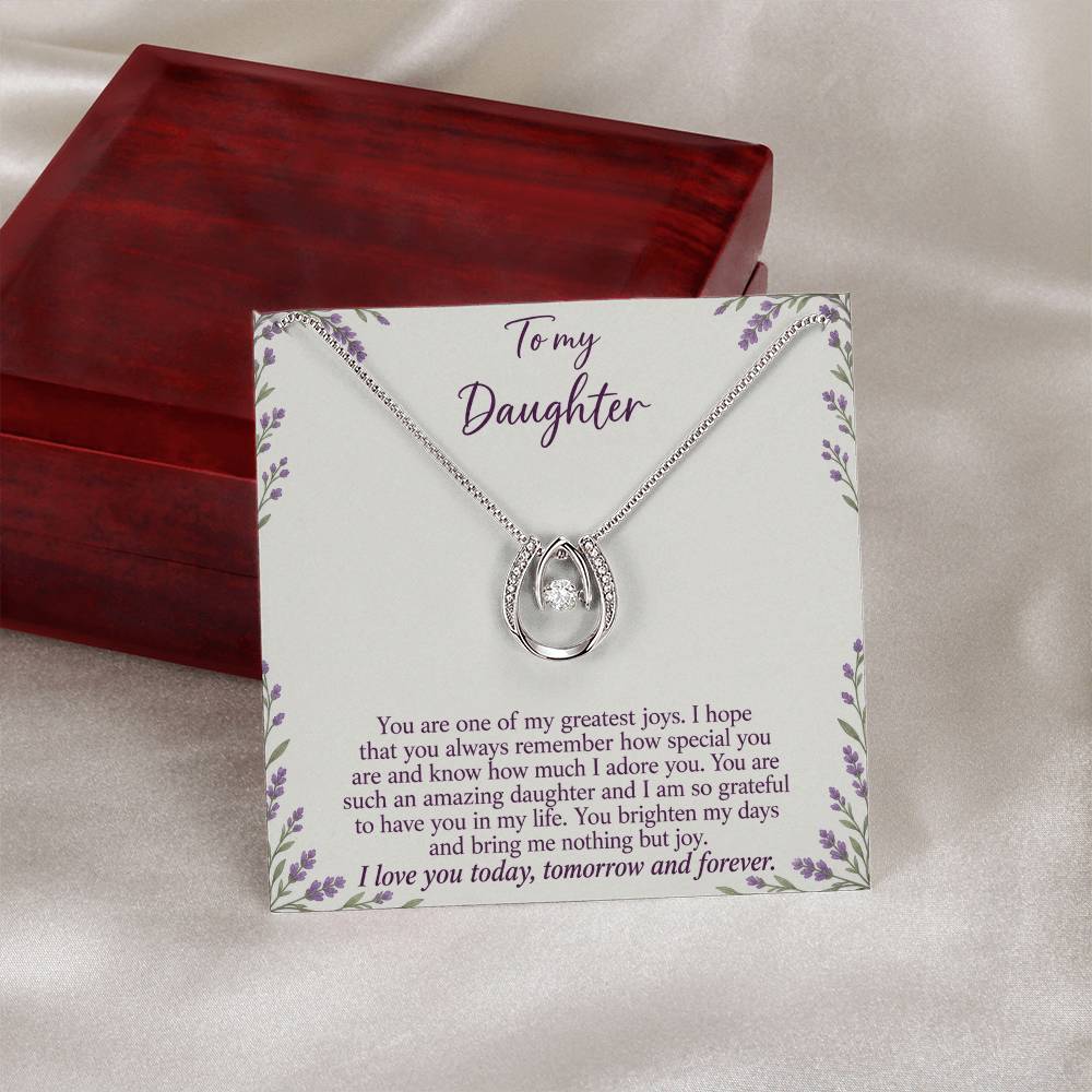 Lucky In Love teardrop necklace in white gold finish – Lavender Meadow message card beside Luxury Box | Hensley London