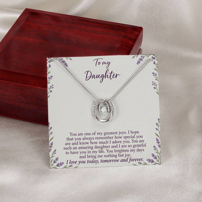 Lucky In Love teardrop necklace in white gold finish – Lavender Meadow message card beside Luxury Box | Hensley London