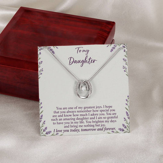 Lucky In Love teardrop necklace in white gold finish – Lavender Meadow message card beside Luxury Box | Hensley London