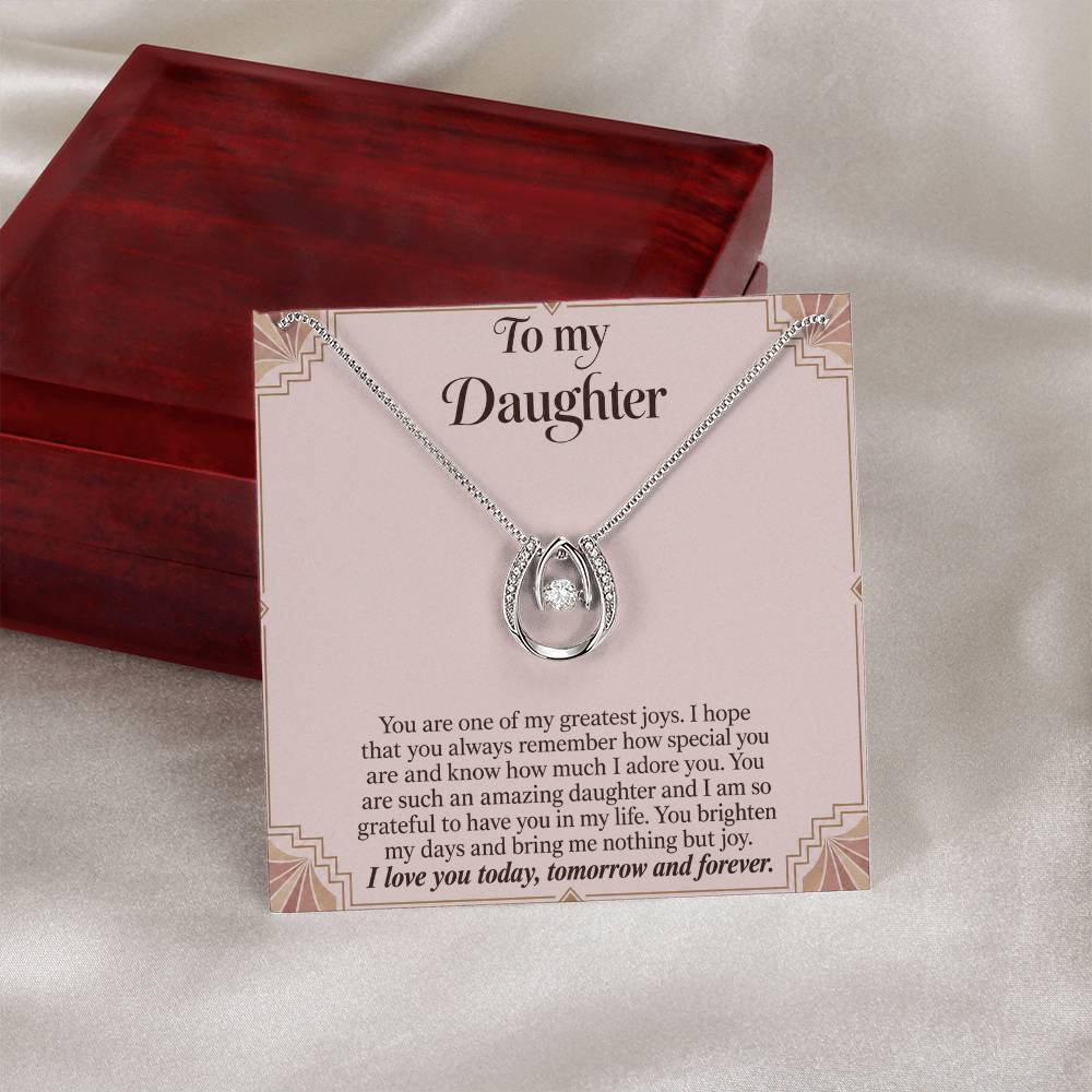 Lucky In Love teardrop necklace in white gold finish – Blush Art Deco message card beside Luxury Box | Hensley London
