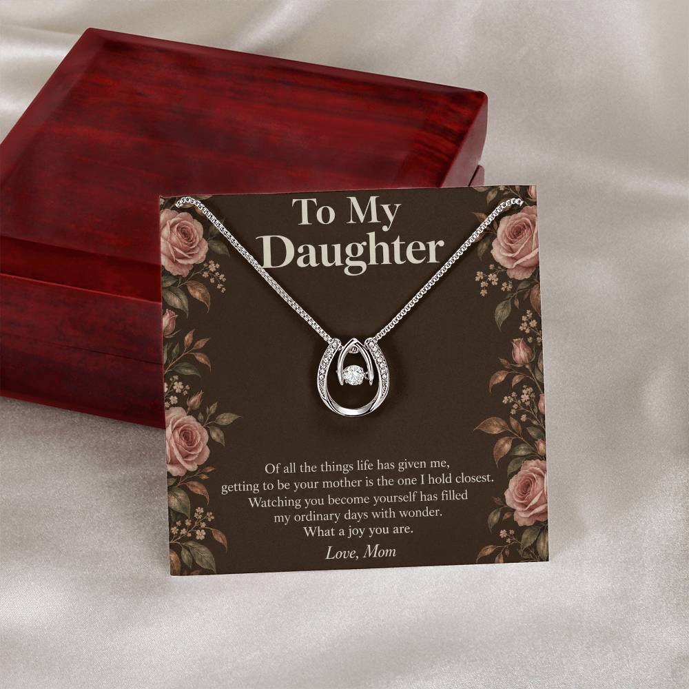 Lucky In Love necklace and Daughter message card beside closed luxury box | Hensley London