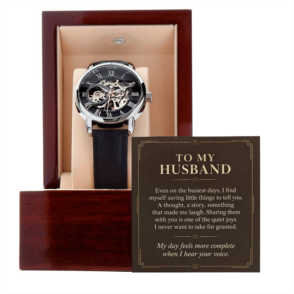 Black leather openwork watch for husband – gift box and message card on a white background | Hensley London