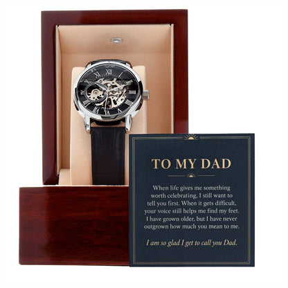 Black leather openwork watch for father – gift box and message card on a white background | Hensley London
