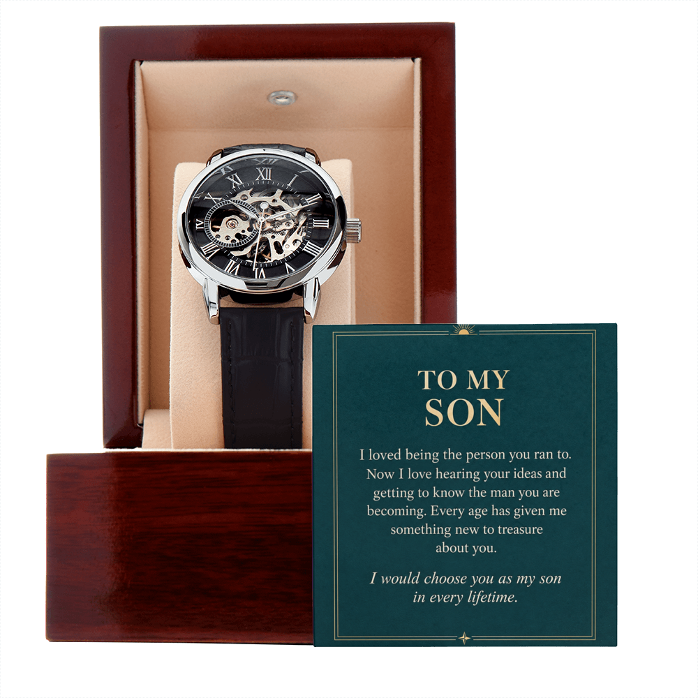 Black leather automatic openwork watch – son proud parent gift | Hensley London