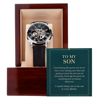 Black leather automatic openwork watch – son proud parent gift | Hensley London
