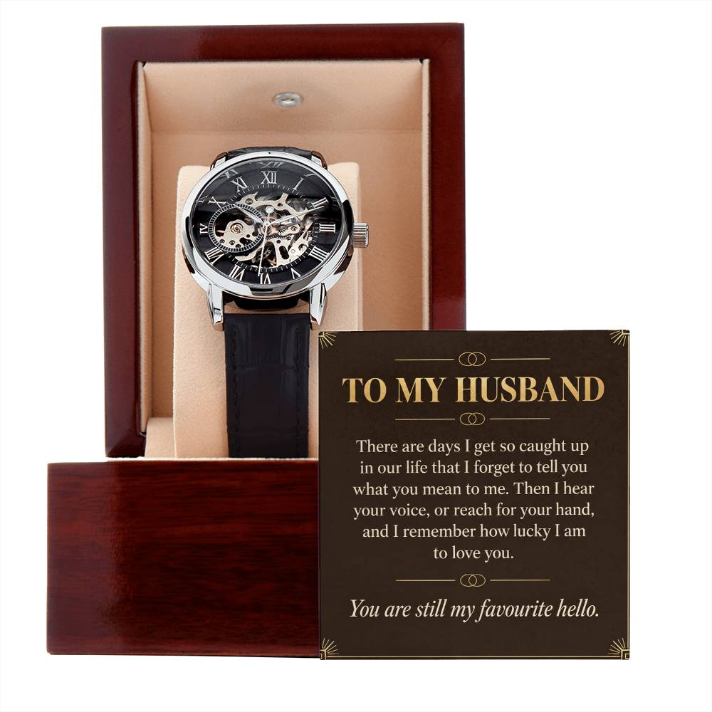 Black leather openwork watch for husband – gift box and message card on a white background | Hensley London