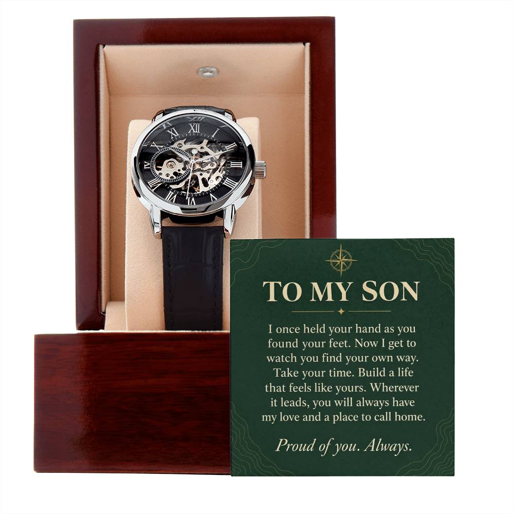 Openwork Watch in Black and Silver for Son – watch and message card on white background | Hensley London