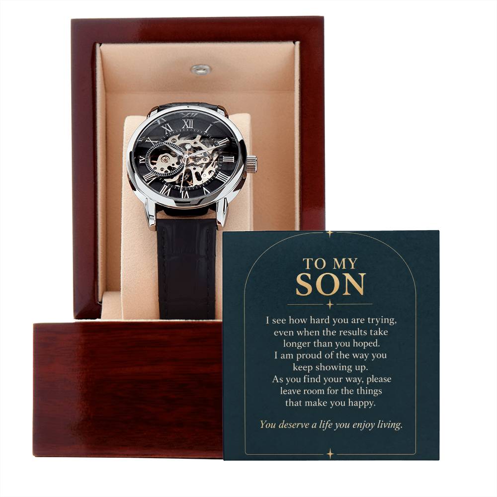 Black leather openwork watch for son – gift box and message card on a white background | Hensley London