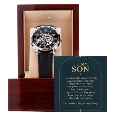 Black leather openwork watch for son – gift box and message card on a white background | Hensley London