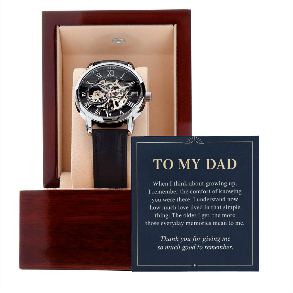 Black leather openwork watch for father – gift box and message card on a white background | Hensley London