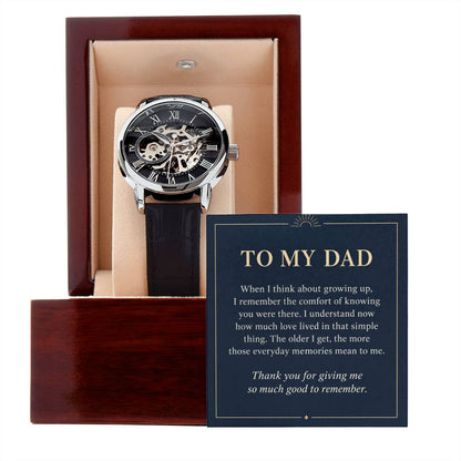 Black leather openwork watch for father – gift box and message card on a white background | Hensley London