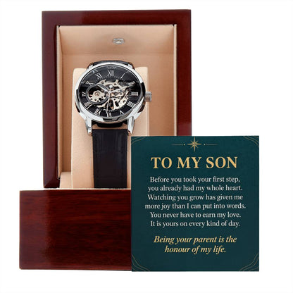 Black leather openwork watch for son – gift box and message card on a white background | Hensley London