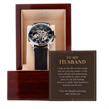 Black leather openwork watch for husband – gift box and message card on a white background | Hensley London