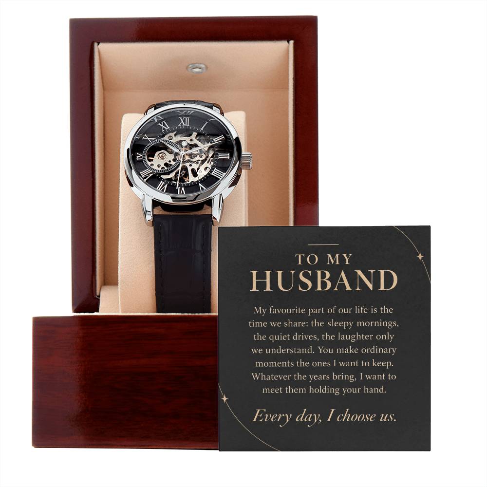 Openwork Watch in Black and Silver for Husband – watch and message card on white background | Hensley London