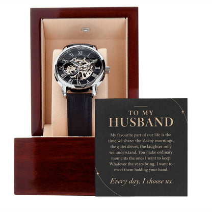 Openwork Watch in Black and Silver for Husband – watch and message card on white background | Hensley London