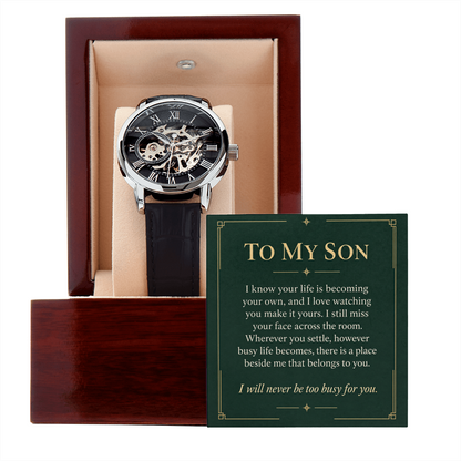 Black leather automatic openwork watch – son lasting belonging gift | Hensley London