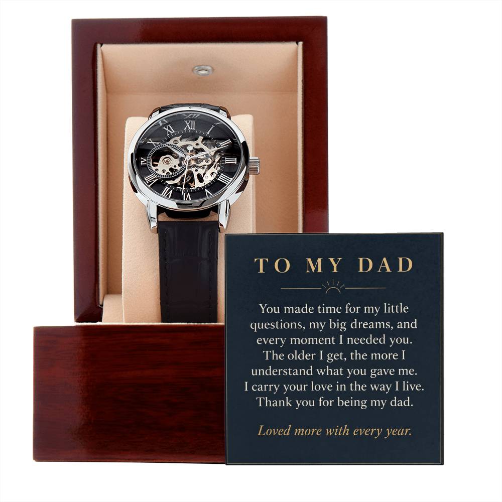 Openwork Watch in Black and Silver for Dad – watch and message card on white background | Hensley London