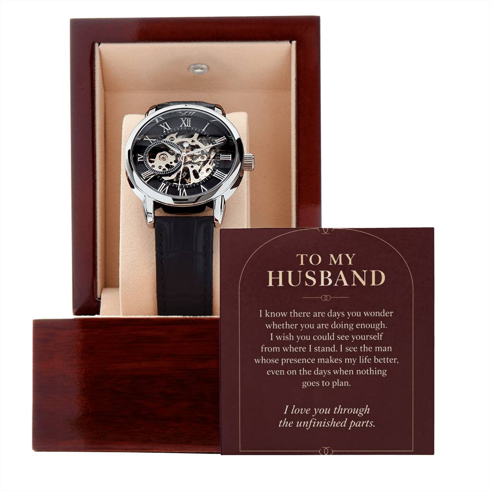 Black leather openwork watch for husband – gift box and message card on a white background | Hensley London