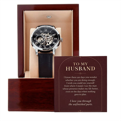 Black leather openwork watch for husband – gift box and message card on a white background | Hensley London