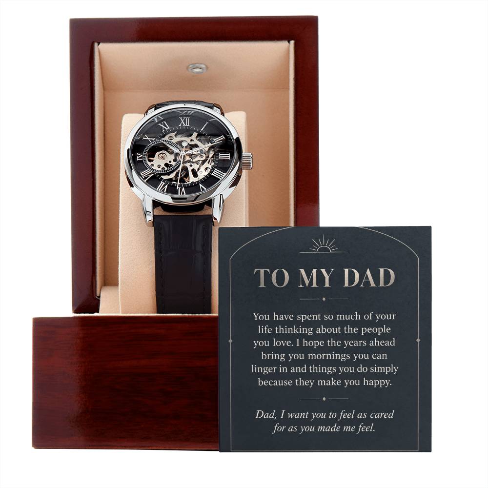 Black leather openwork watch for father – gift box and message card on a white background | Hensley London