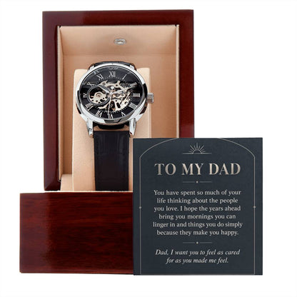 Black leather openwork watch for father – gift box and message card on a white background | Hensley London