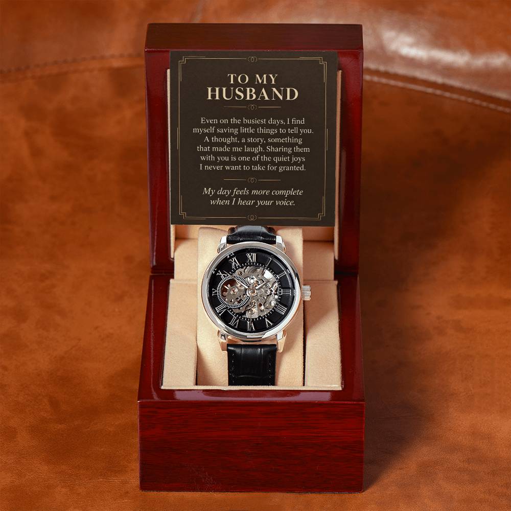 Black leather openwork watch for husband – open gift box with message card on brown leather | Hensley London