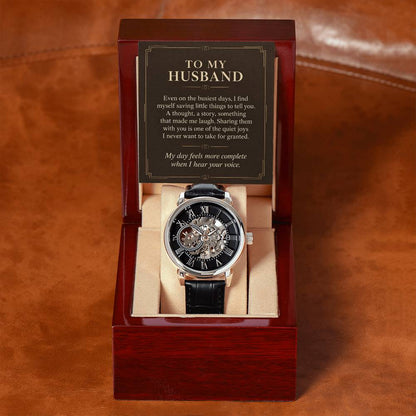 Black leather openwork watch for husband – open gift box with message card on brown leather | Hensley London