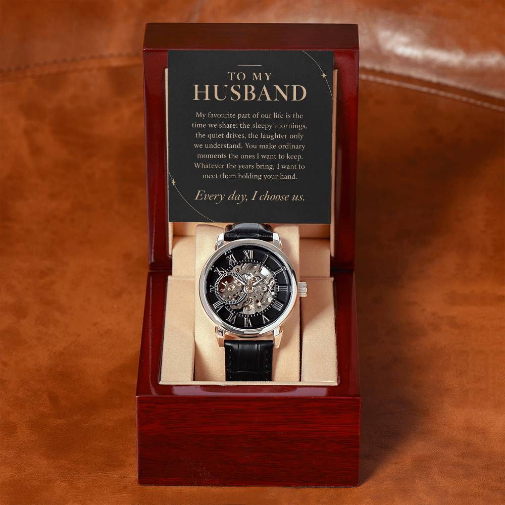 Openwork Watch in Black and Silver for Husband – watch and message card in LED box | Hensley London