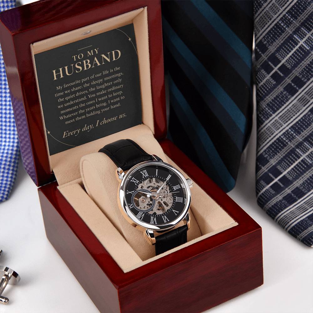 Openwork Watch in Black and Silver for Husband – watch and message card on patterned fabric | Hensley London