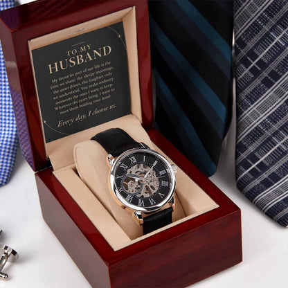 Openwork Watch in Black and Silver for Husband – watch and message card on patterned fabric | Hensley London