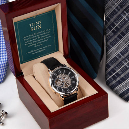 Black leather automatic openwork watch – son proud parent gift | Hensley London