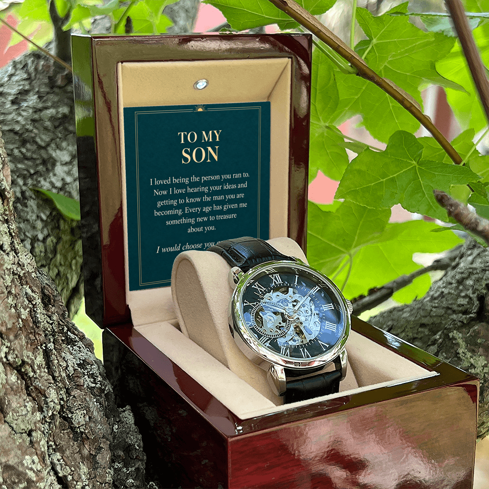Black leather automatic openwork watch – son proud parent gift | Hensley London