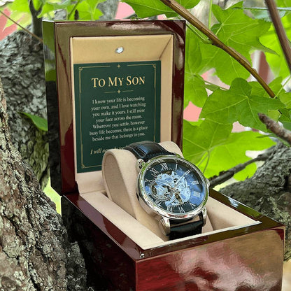Black leather automatic openwork watch – son lasting belonging gift | Hensley London
