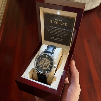 Black leather openwork watch for husband – gift box held indoors | Hensley London