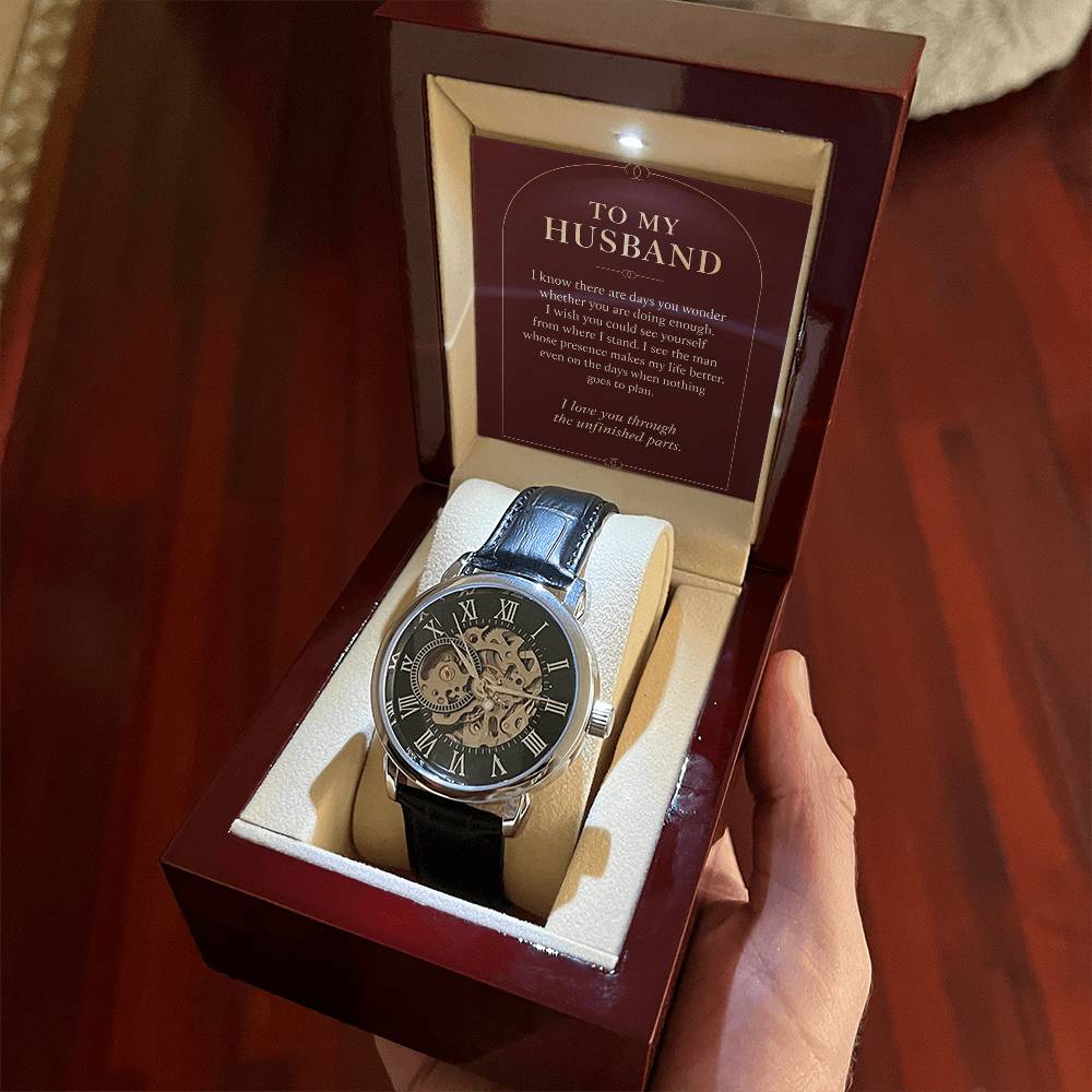 Black leather openwork watch for husband – gift box held indoors | Hensley London