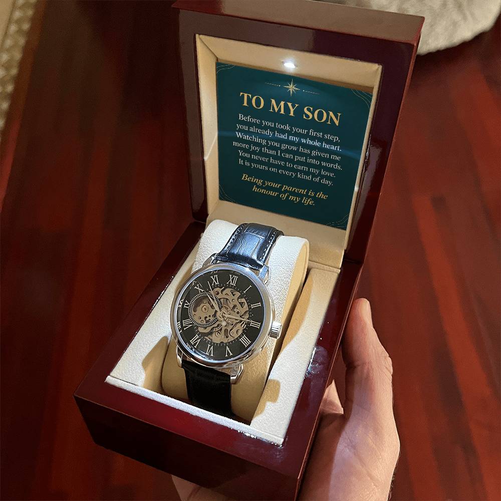 Black leather openwork watch for son – gift box held indoors | Hensley London